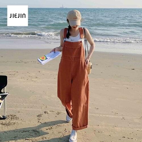 Korean Women Denim Jumpsuit Orange Casual Oversized Wide Leg Jeans Overalls for Women Autumn Rompers Vacation Outfits Women