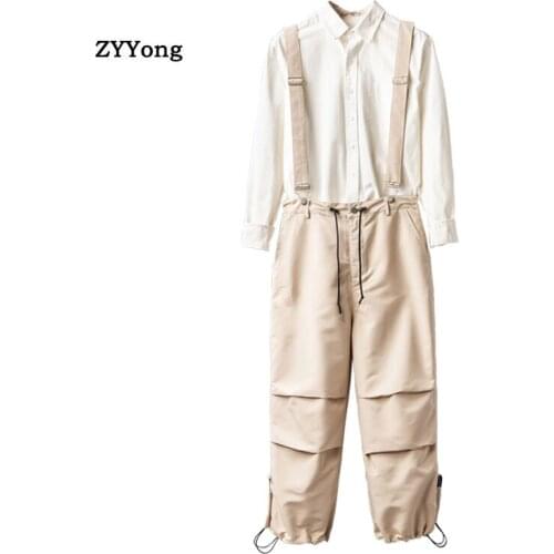 Jumpsuit Men Bib Overalls Japanese Style Cargo Pants Men Loose Beam Feet Drawstring Hip Hop Streetwear Casual Black Trousers