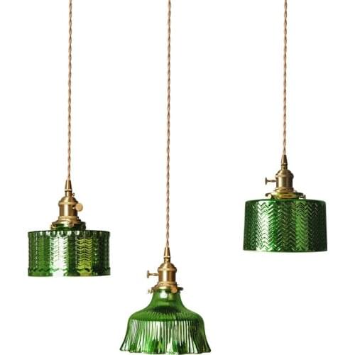 Nordic Style Retro Personality Creative Bar Restaurant Bedside Bedroom Lamp Green Brass Glass Chandelier