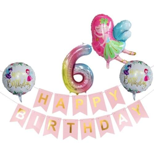 Wings Fairy Balloons Pink Color Paper Happy Birthday Banner Set Rainbow Number Foil Ball Girls Birthday Party Decorations Kids