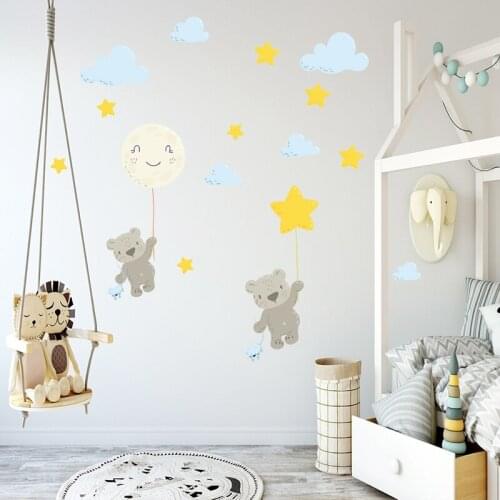 Flying Bear Wall Stickers Watercolor Nursery Wall Decals DIY Cartoon Animal Neutral Wall Decoration for Kids Room