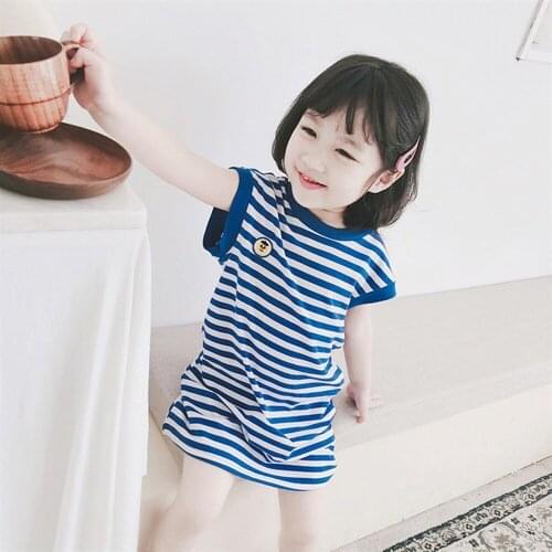 Summer Baby Girls' Blue and White Striped Knee-Length Dress&Childrens Cartoon Printed Casual Dress&Childrens Wear 2-8 Years