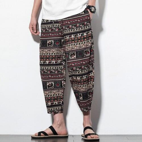 #8041 Summer Vintage Cotton Linen Pants Elastic Waist Floral Loose Pencil Harem Pants