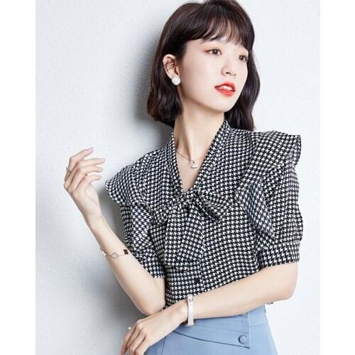 Summer Fashion Blouses Women Houndstooth Short Sleeve Shirt Loose Bow Chiffon Top Blusas