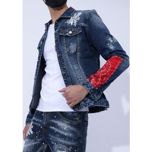 New Mens Blue Denim Jacket Jeans Pants Slim Fit Casual Set Patchwork Holes Embroidery Rivets 2pcs L1