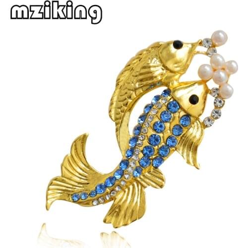 Mziking 2019 New Gold Fish Brooch for Women Crystal Brooch Simulated Pearl Animal Enamel Pin Jewelry Clothes Accessories Brosh