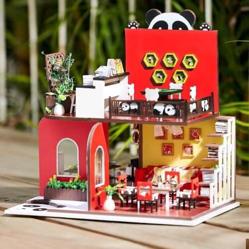 DIY Wooden Dollhouse Kit Miniature with Accessories Chinese Style Animal Panda Doll House Casa Assembeld Toys for Adults Gifts