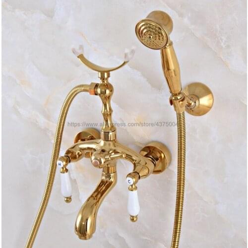 Wall Mounted Gold Color Brass Clawfoot Bathtub Faucet telephone style Bath Shower Water Mixer tap with Handshower Nna955