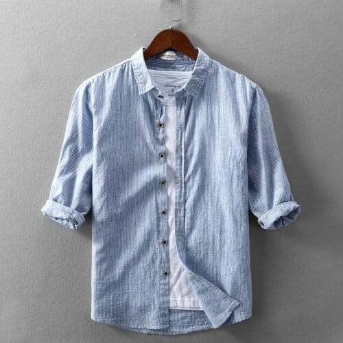 Clothes Shirt Summer Striped Casual Cotton Linen Shirts Men Plus Size Blouse Korean Vintage Chemise Homme KJ5774