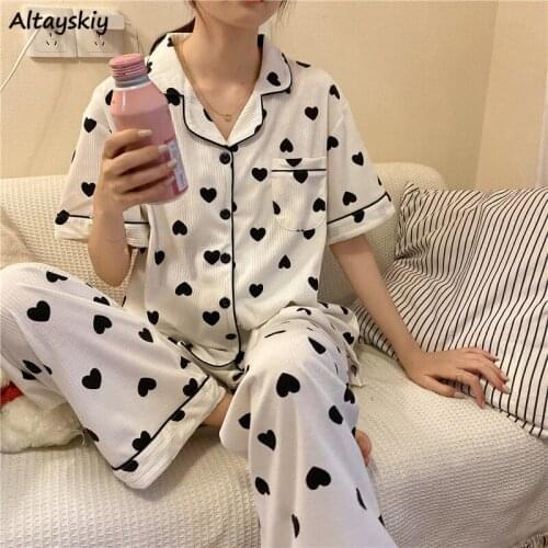 Pajama Set Women Heart-printed Turn-down Collars Short Sleeve Cute Japanese Style 2 Piece Summer Ladies Sleepwear Loose Student