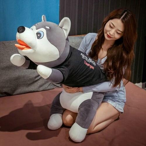 130cm Large Size Open Mouth Husky Plush Toys Soft Cotton Stuffed Animal Pillow Cushion Lying Dog Doll Kids Baby Birthday Girl