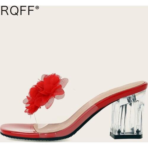 Plus Size 46 48 Shoes Woman Heels Flower Peep Toe Transparent Crystal Sandals 2021 Summer New Fashion Outside Slippers Mules