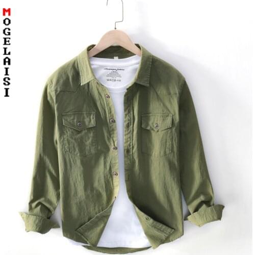 Spring casual shirt men cotton green tops shirts Breathable high quality long sleeve Double pocket man clothing 702