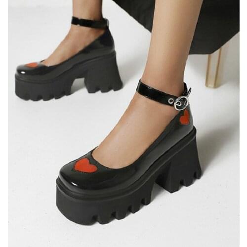 Sianie Tianie Punk Goth Patent PU Leather Square Toe Lolita Girls Shoes Heart Platform Chunky High Heels Women Mary Janes Pumps