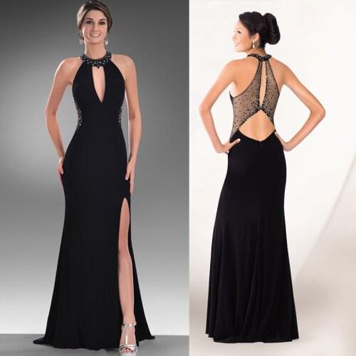 Sexy Open Back Evening Gown Elegant O-neckline Crystal Mermaid Black Floor Length Spilt Wedding Party Dress
