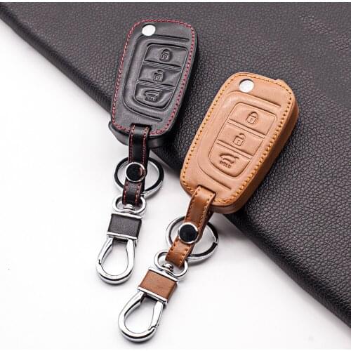 Stylish Genuine Leather Key Case Cover for Hyundai Solaris Verna 2017 2018 3 buttons Remote Key Shell