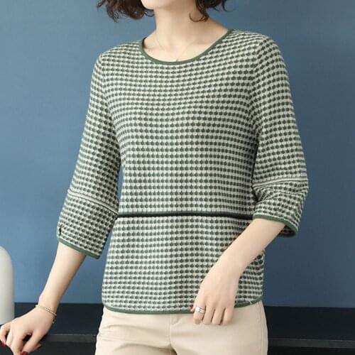 Plaid Patchwork Loose Knitted Pullovers Women Summer Casual Three Quarter Sleeve T-Shirt Plus Size 4XL Knitwear Tops Female