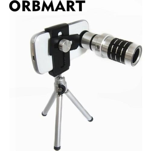 ORBMART Aluminum Universal 12X Zoom Telescope Camera Lens + Mini Tripod + Adjustable Clip For Samsung iPhone Doogee Xiaomi Phone