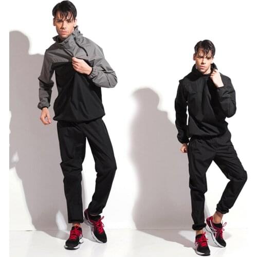 High Quality Sweat Lose Weight Fitness Running Jogging Sauna Suit Men PVC Sport Tops+Pants Set Sweating Suits for Workouts