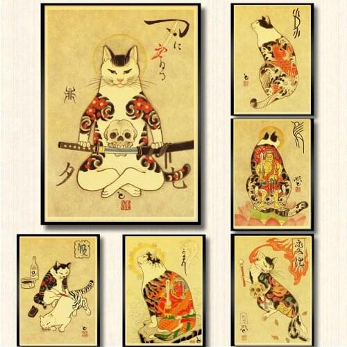 Japanese samurai cat tattoo cat Retro Poster kraft Paper Prints Clear Image room Bar Home Art painting wall sticker