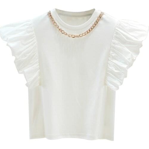 Chain Round Neck Flying Sleeves Pure Cotton T-shirt Womans 2021 Summer Clothing New Design Lady All-match White Crop Top