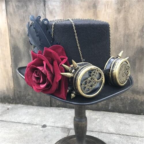 Women Handmade Steampunk Top Hat With Gear Glasses And Flower Stage Magic Hat Bowler Hat Wedding Hat Size 57CM Steampunk Hat