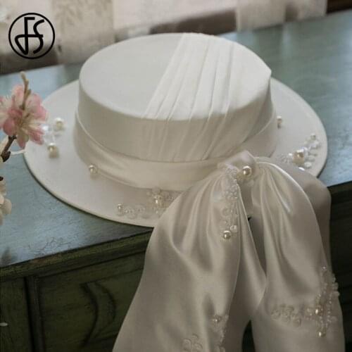 FS Flat Top White Wedding Hats For Women 2021 Fedora Hats Elegant Church Hat With Ribbon Wide Brim Kentucky Derby Hat