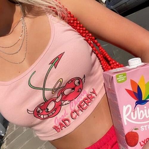 Pink Crop Tops Women 2021 Summer European American Style Cute Cherry Print Lace Patchwork Tank Camis Sexy Bralette Top T617