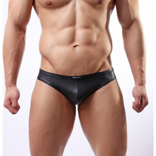 Sexy Briefs Mens Underwear Cool Man Panties Patent Leather Black Imitation Leather Brief Low-waist Jockstrap Undies Cueca