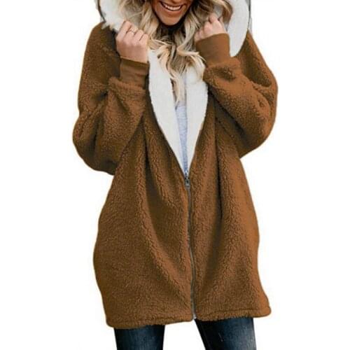 Women Coat Winter S-5XL Causal Soft Hooded Pocket Zipper Fleece Plush Female Coat Warm Plus Size Faux Fur Fluffy Women Jacket