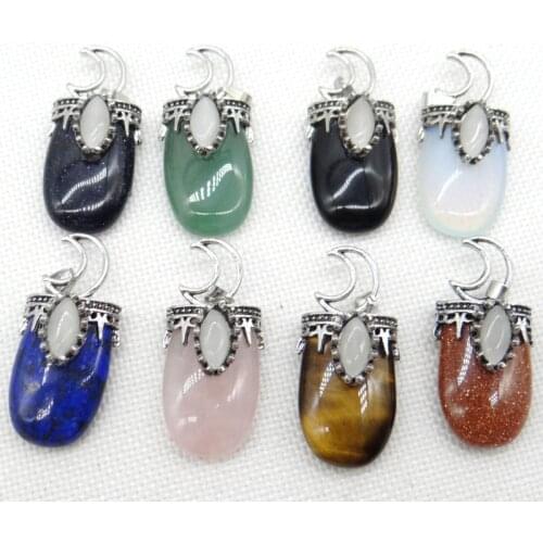 5Pcs Natural Gem Stone Quartz Crystal lapis Moon Pendants Antique Silver Color For DIY Jewelry Making Necklace Charm Gift
