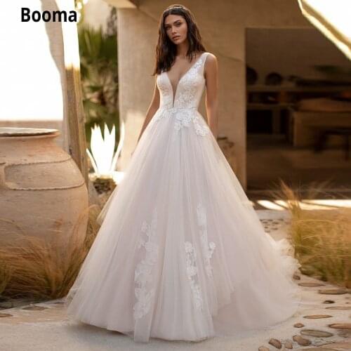 Booma Soft Tulle Wedding Dresses with A Train Sleeveless Open Back Beach Lace Bridal Gown Plus Size Boho Dresses 2020