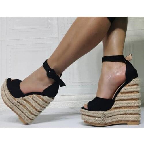 Summer Roman Style Sexy Black Suede Platform Wedge Sandals Woman Buckle Strap Cover Heel Thick Sole Supper Heels Sandals Shoes