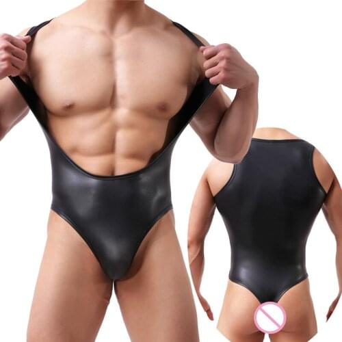 Mens Bodysuits Sexy Penis Pouch PU Leather Jumpsuits T-back Gay Catsuits Fitness Undershirts Singlets Faux Leather Clubwear