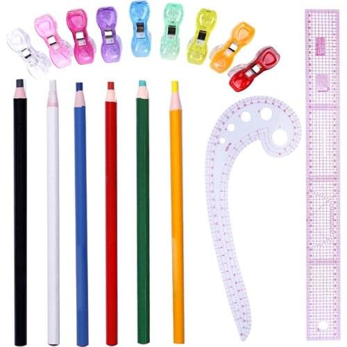 LMDZ 15PCS Sewing Marker Pen and Sewing Clips French Curve Rulers Sewing Chalk Multicolor Plastic Clips for Patchwork Quilting