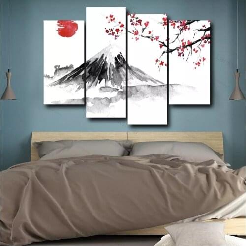 4 Panel Canvas Painting Chinese Style Wall Art Picture Landscape Posters and Prints Home Decor for Living Room Bedroom