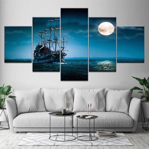 Frame Wall Modern Poster Home Decor Canvas Art Picture 5 Pieces Moon Mountain Sea Sailboat Landscape For Living Room Painting