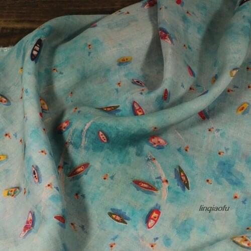 Original small sailboat light green bottom pure ramie printed garment fabric