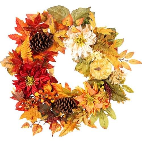 Autumn Pumpkin Maple Leaf Wreath Emulational Wall Mount Decoration Hanging Flower Wreath Thanksgiving Decor