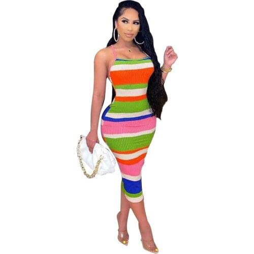 Striped Sexy Strap Split Summer Dress Women Elastic Long Dresses Sleeveless Camisole Clubwear Evening Party Dress Womens Robe