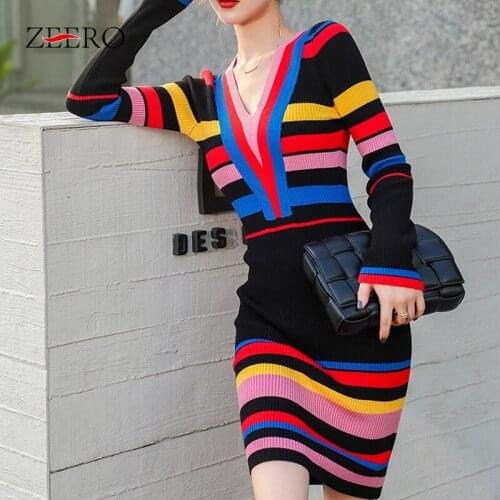 Autumn Winter Women Contrast Stripes V-Neck Sexy Knitting Dress Long Sleeves Base Warm High Elasticity Package Buttocks Dress