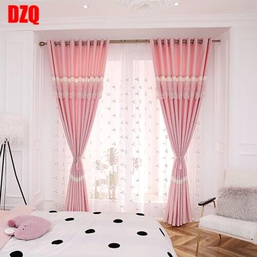 Pink Girl Cotton and Hemp Stitching Shading Curtains for Living Dining Room Bedroom
