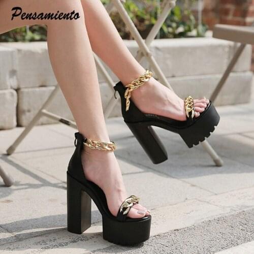 2021 Fashion Thick Heeled Platform wedges Women Sandals Sexy Ankle strap Chains High heels Gladiator sandals Summer Female Shoes