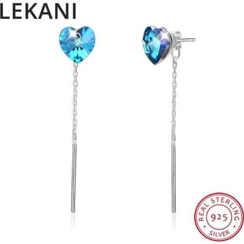 LEKANI Crystals From SWAROVSKI New Heart Shaped Stud Earrings Long Chain Piercing S925 Silver Fine Jewelry For Women