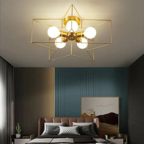 Nordic Led Bedroom Chandelier Five-Pointed Star Golden Copper E27 Ceiling Lamp for Nursery Childrens Room Corridor Fixtures