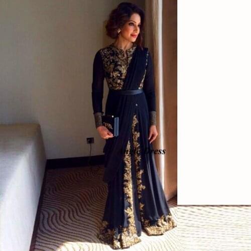 Navy Blue Long Sleeve Arabic Muslim Evening Dresses Gold Indian Prom Dresses 2020 Lace Formal Evening Gowns Vestidos de Festa