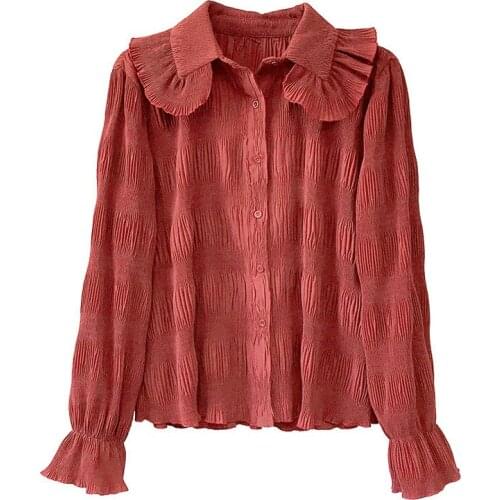 PERHAPS U Women Peter Pan Collar Chiffon Blouse Shirt Long Sleeve Ruffle Sweet Solid Red White B0444