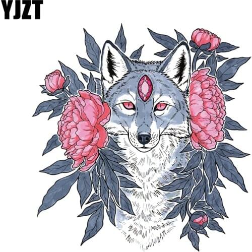 YJZT 13.3CM*13.9CM Wolf And Flower Decal PVC Motorcycle Car Sticker 11-00546