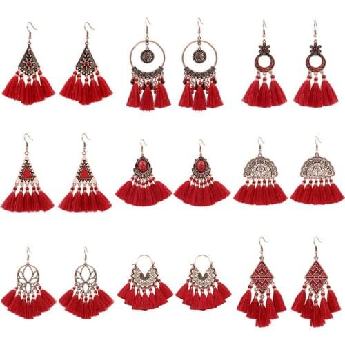 Exknl Big Red Vintage Tassel fringed Earrings Jewelry Women Flower Earing Female Ethnic Fashion Long Drop Earrings for Women