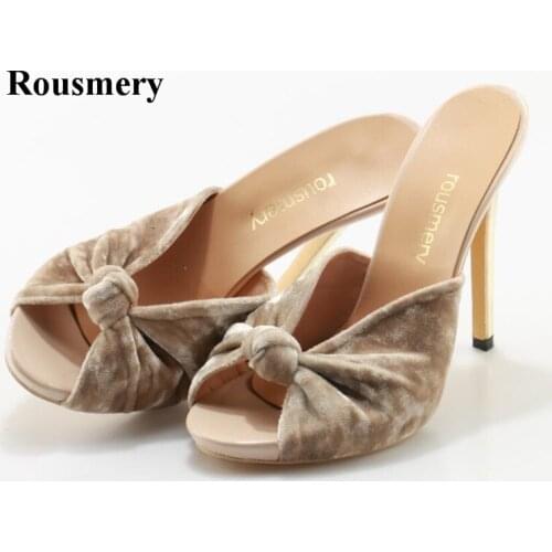 High Quality Women Fashion Suede Leather Bowtie Design Slip-on High Heel Sandals Sexy High Heel Slippers Casual Beautiful Shoes